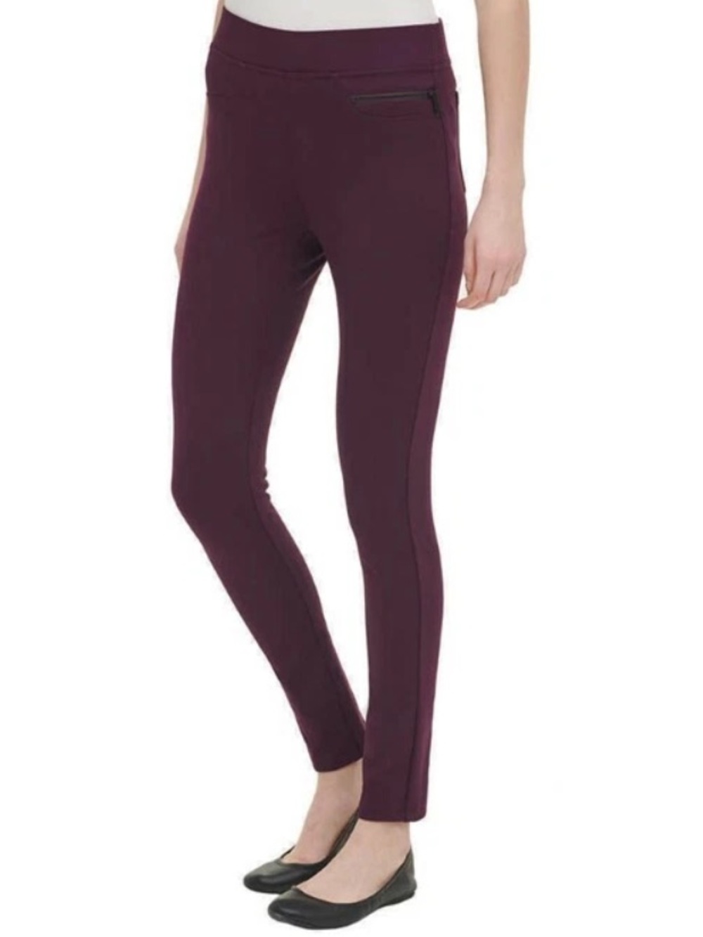 DKNY Women’s Ponte Stretch Pants Aubergine Purple Zip Pocket-sz M/27” inseam